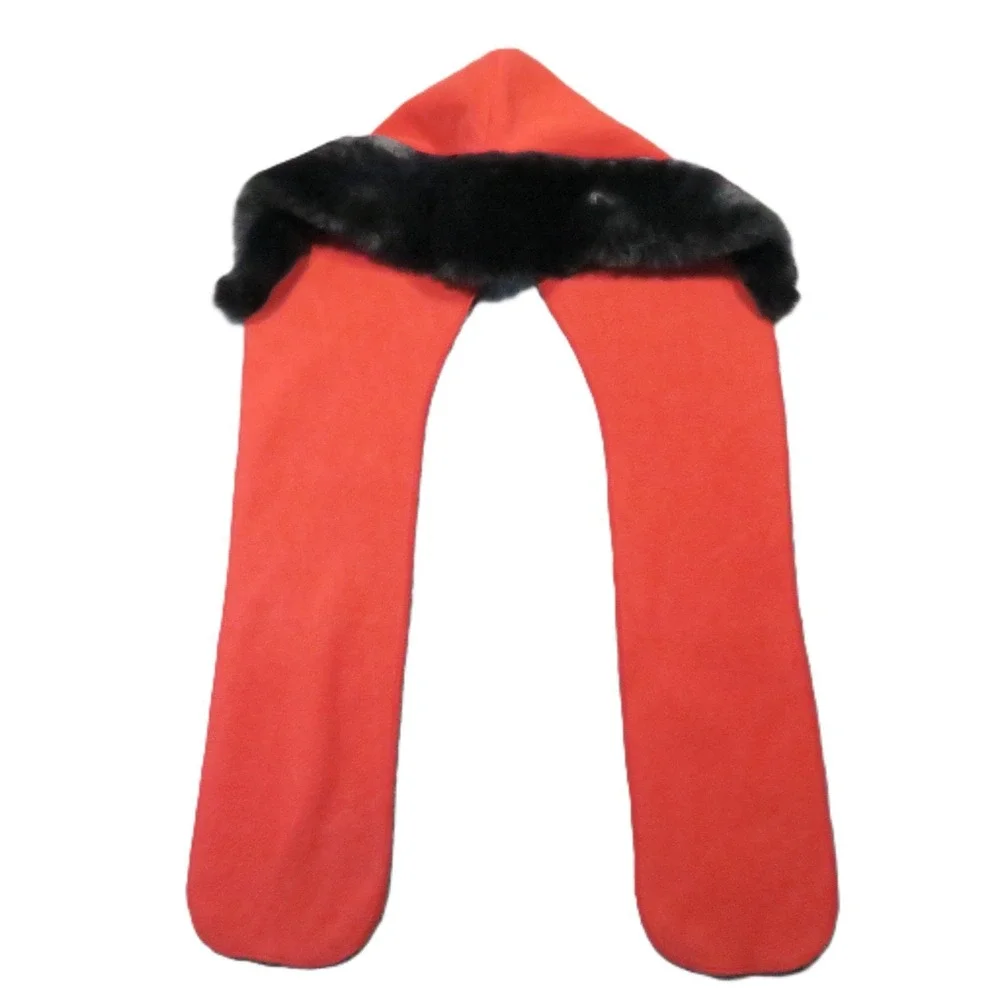Orvis Hooded Hooded Scarf‎ OS Red Fleece Faux Fur Trim Winter Wrap Cozy Hygge